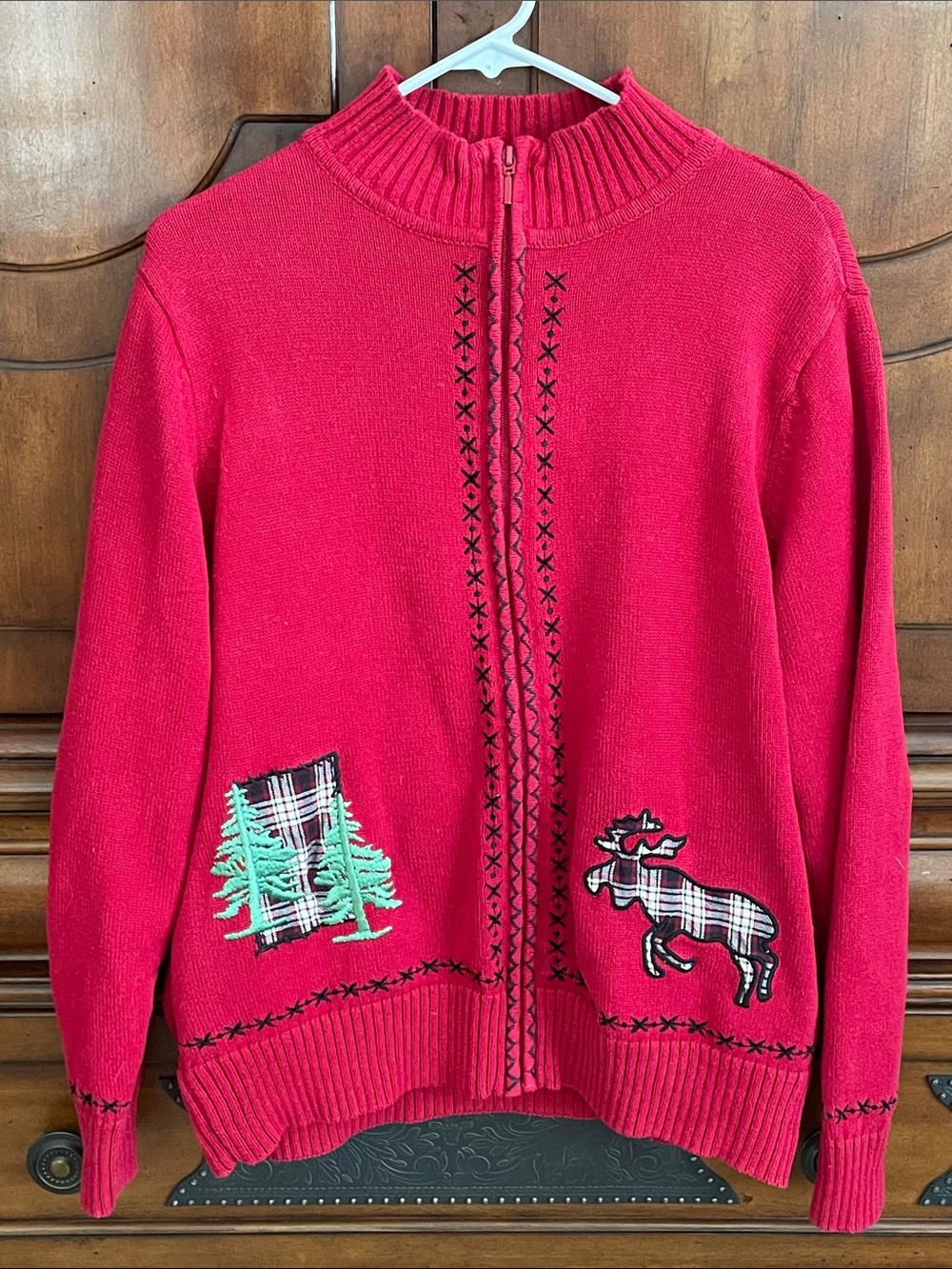 Bechamel Red Holiday Plaid Moose & Trees Full Zip Cardigan Sweater